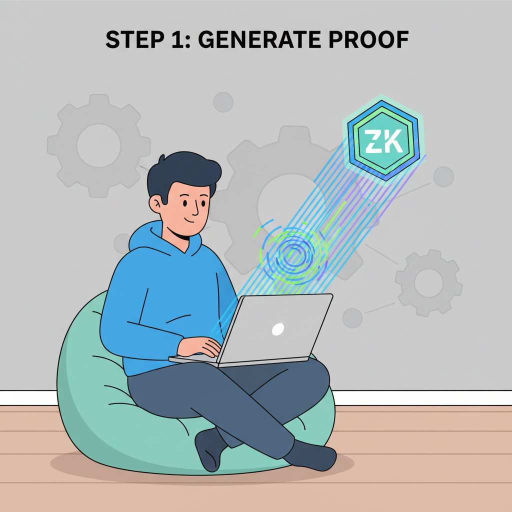 user generating ZK proof on laptop, light beams forming proof token