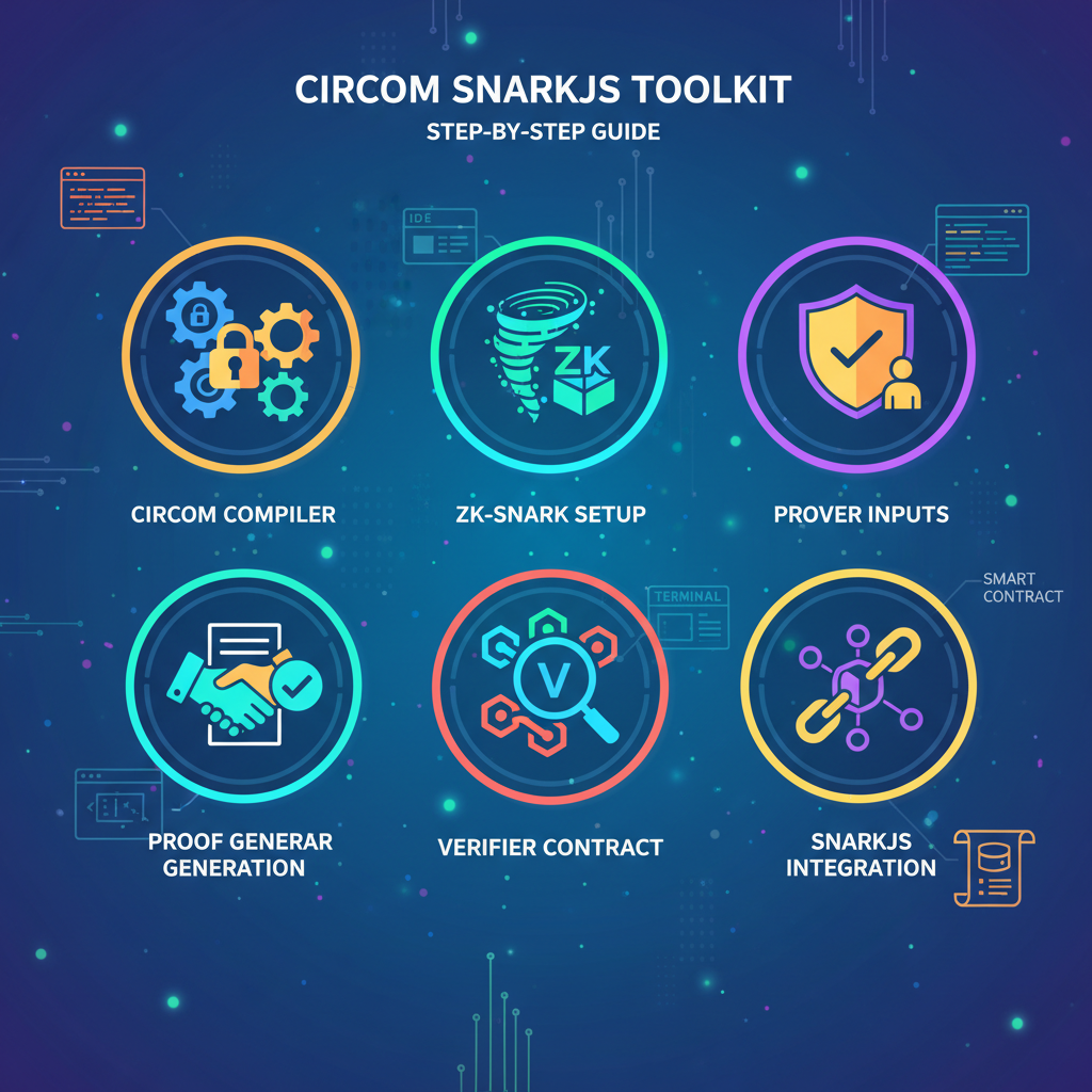 toolkit icons for Circom SnarkJS zero-knowledge proofs, vibrant digital workshop