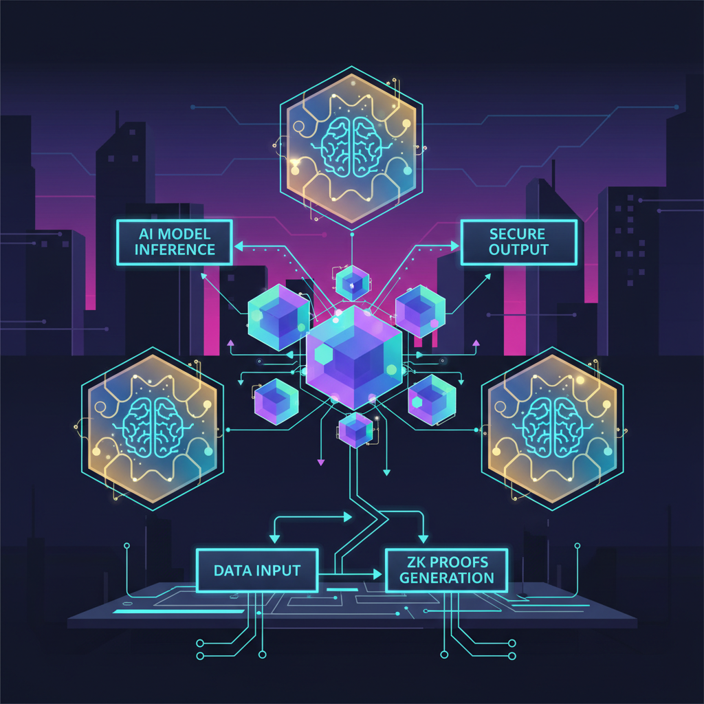 neon-lit Polyhedra zkML stack setup, futuristic circuits, AI shields glowing