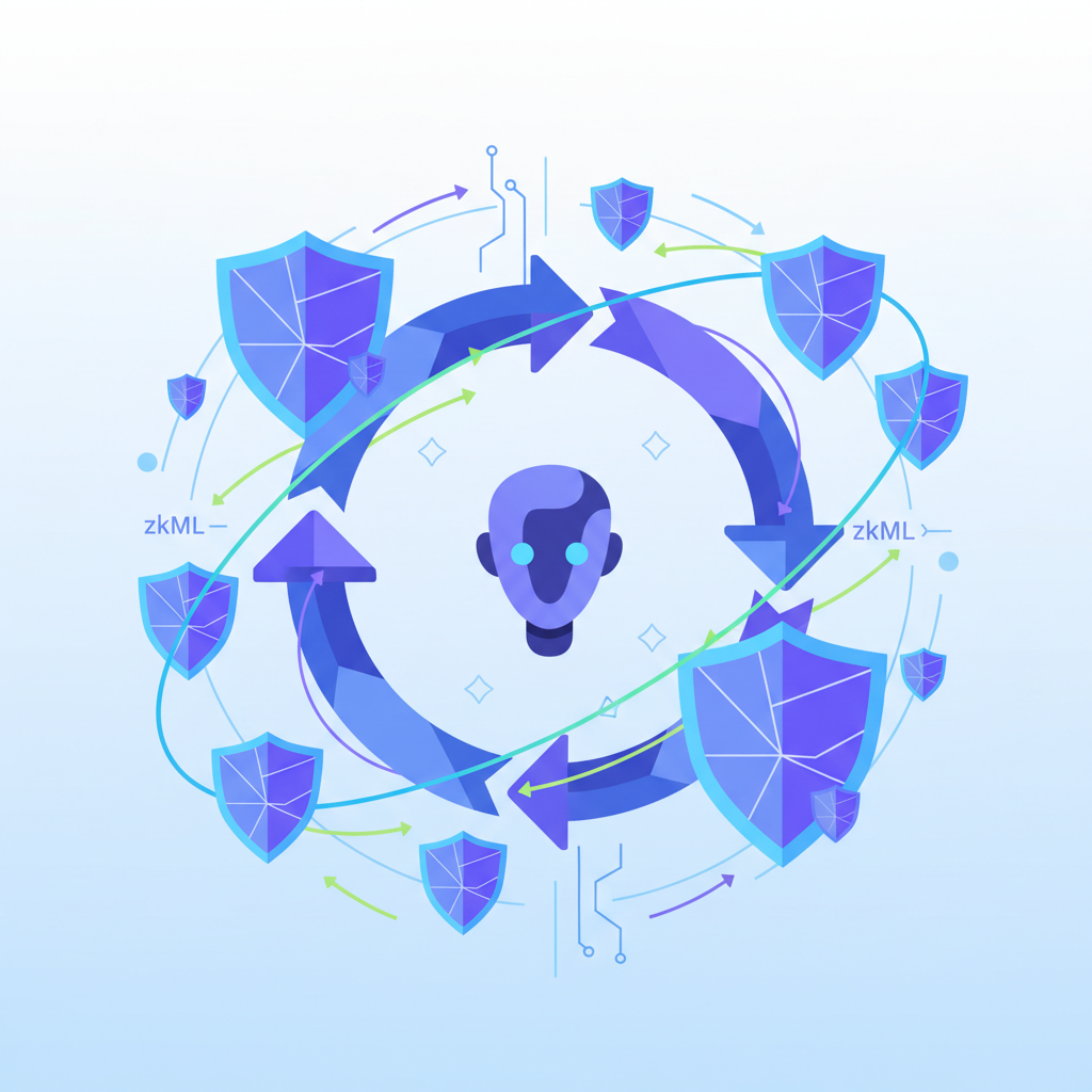 AI agent infinite loop with zkML proofs, privacy shields orbiting, dynamic flow
