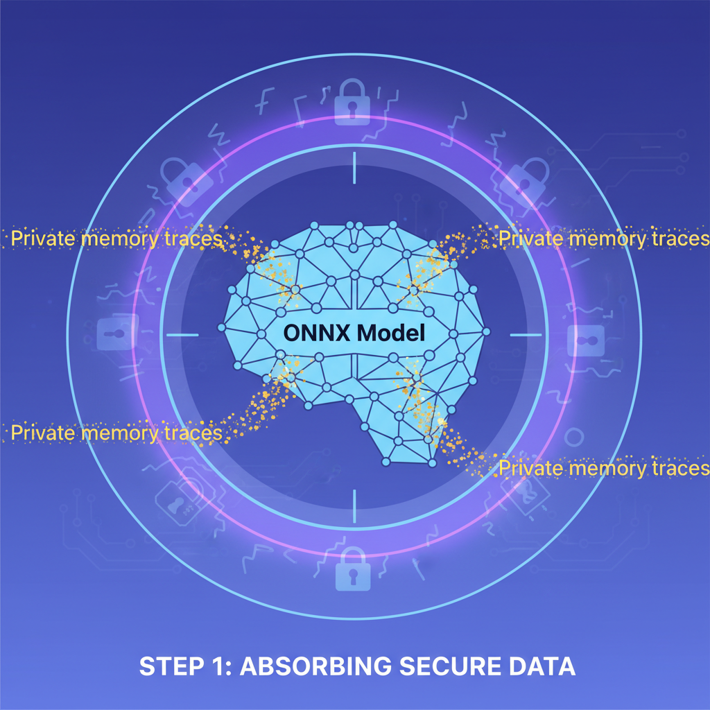 ONNX model absorbing glowing private memory traces, zero-knowledge encryption auras