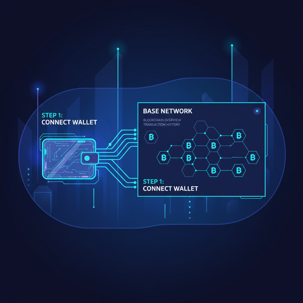 futuristic wallet connecting to blockchain dashboard on Base network, neon blue glow, cyberpunk style, clean UI