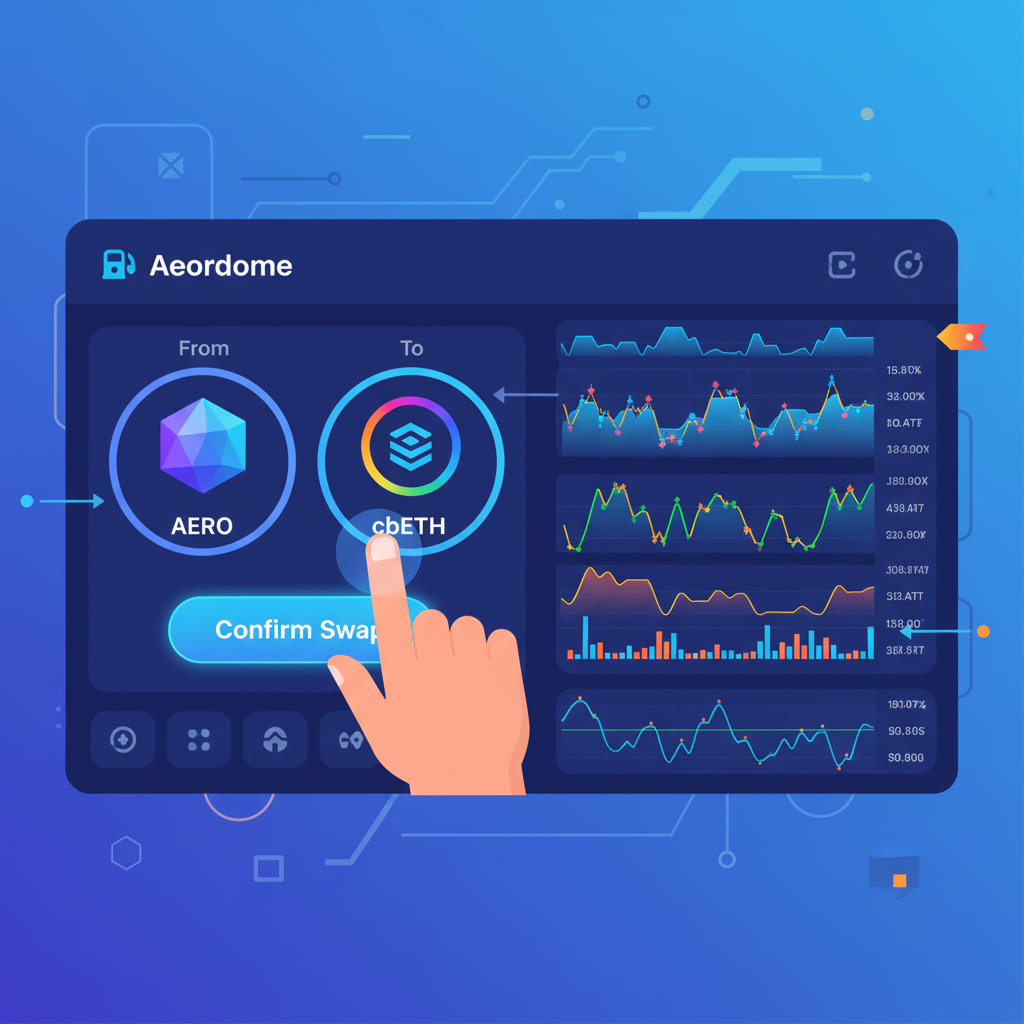user swapping colorful crypto tokens on Aerodrome DEX interface, vibrant charts, Base chain theme, dynamic trading scene