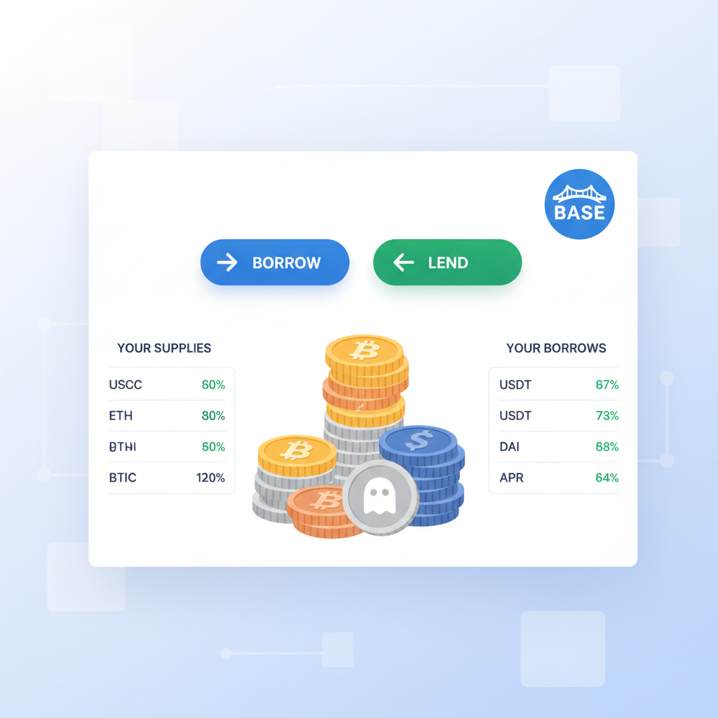 Aave lending platform interface with borrow lend buttons, stacked coins, Base ecosystem, professional DeFi dashboard