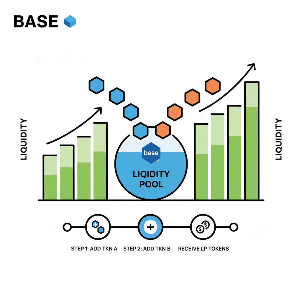 liquidity provision chart on DEX, tokens flowing into pool, green liquidity graphs, Base network branding