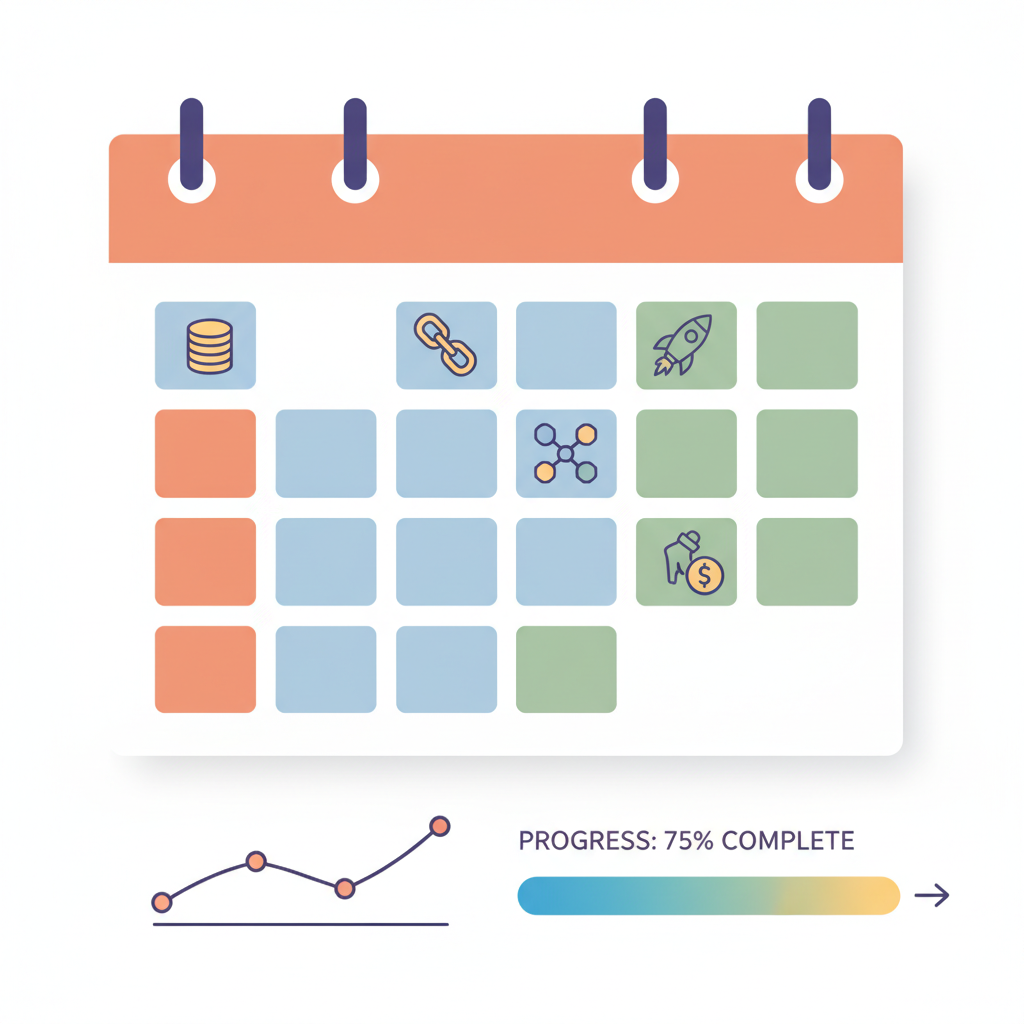 calendar with spaced crypto transaction icons over weeks, timeline graph, motivational progress bar, Base colors