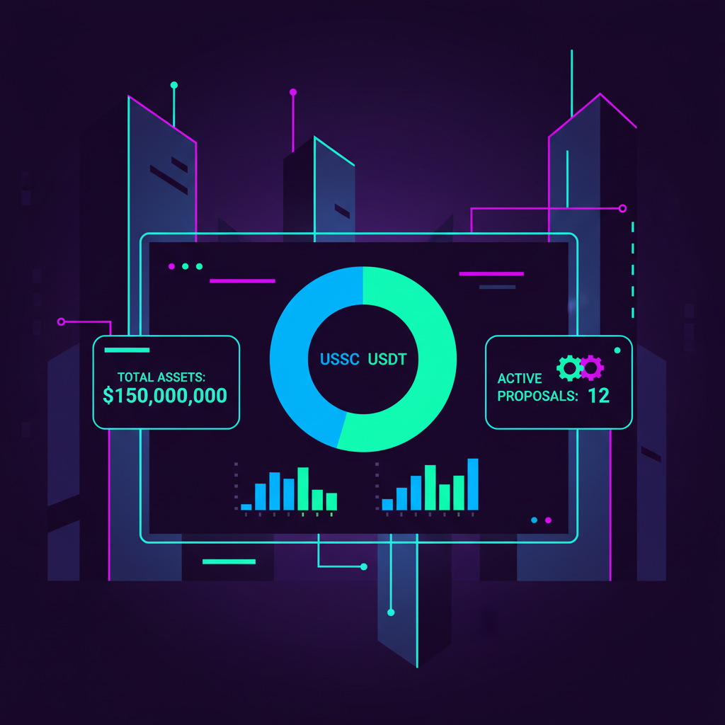 futuristic DAO treasury dashboard displaying USDC and USDT pie chart, glowing neon charts, cyberpunk style