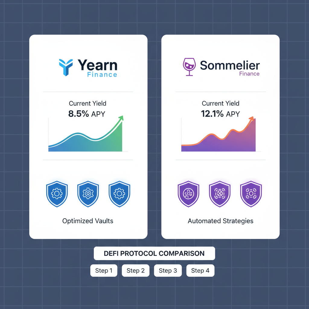 sleek DeFi protocol comparison interface with Yearn and Sommelier logos, yield graphs ascending, high-tech vault icons