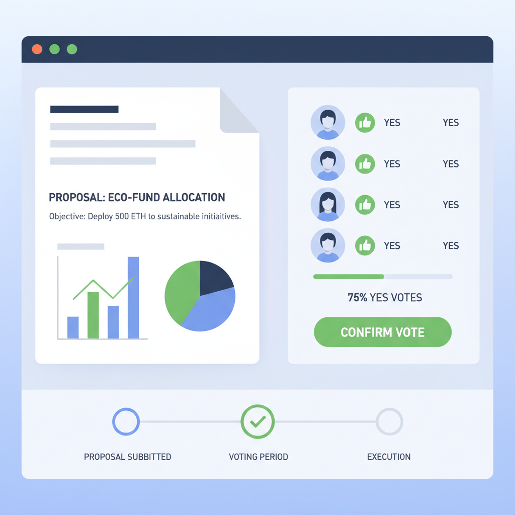DAO governance voting interface on blockchain, proposal document with charts, community members icons voting yes