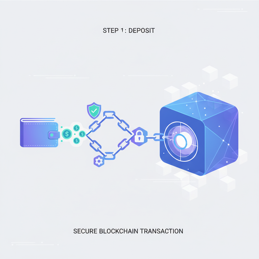 wallet depositing stablecoins into glowing digital vault, chains linking protocols, secure blockchain animation