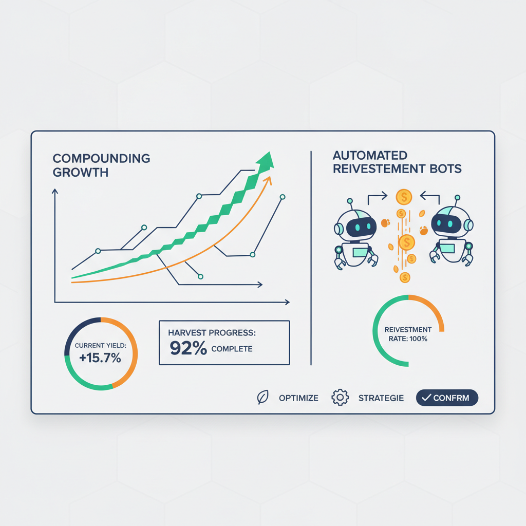 dashboard monitoring yield harvest, graphs showing compounding growth, automated bots reinvesting, futuristic UI