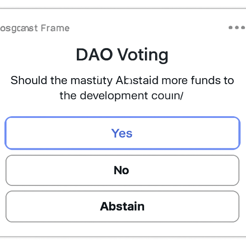 Warpcast Frame showing DAO voting buttons and proposal, interactive poll UI screenshot