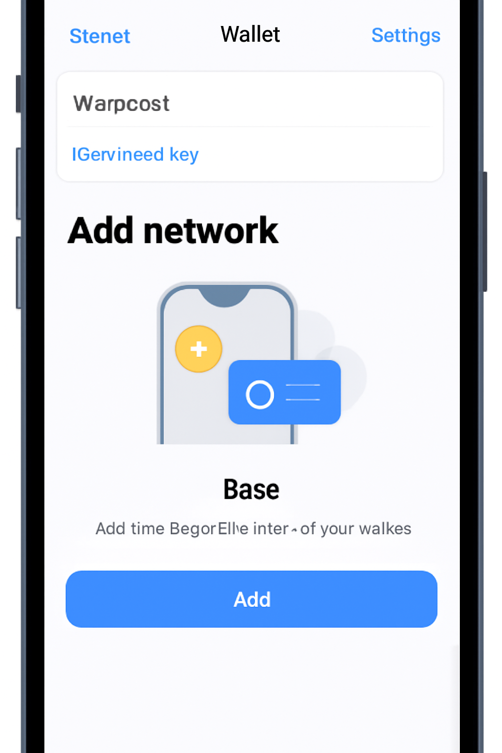 Warpcast mobile app wallet settings adding Base network, clean UI screenshot, iOS style