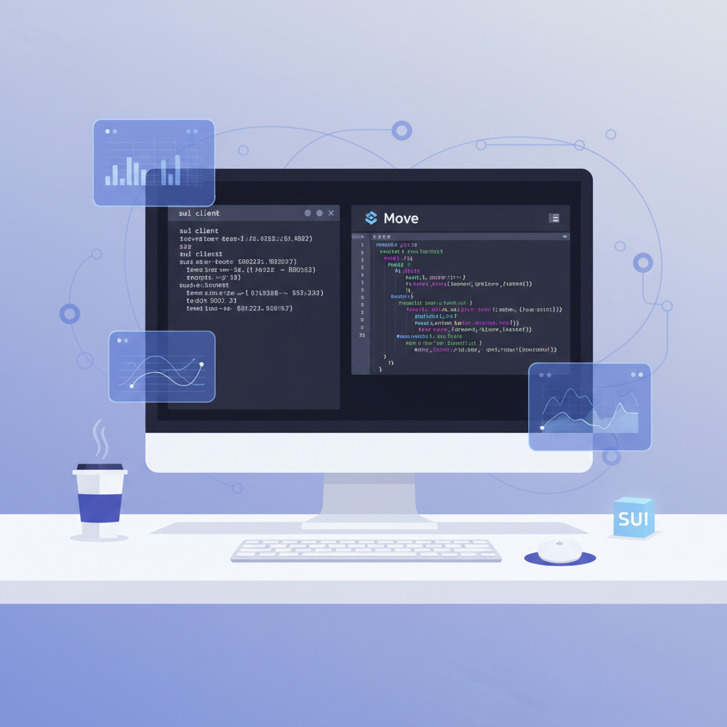 Sui blockchain developer workstation with CLI terminal, Move code editor, futuristic UI