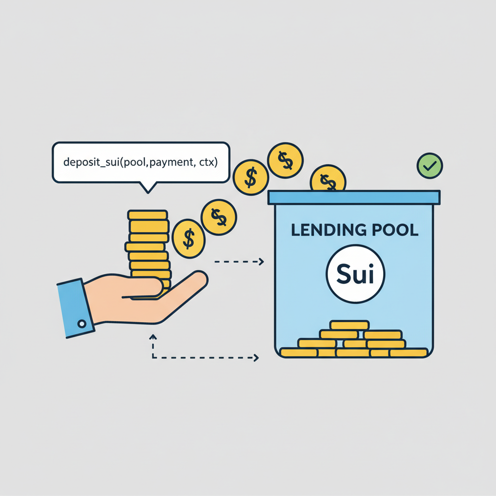 Sui Move deposit function code snippet, coins flowing into lending pool graphic