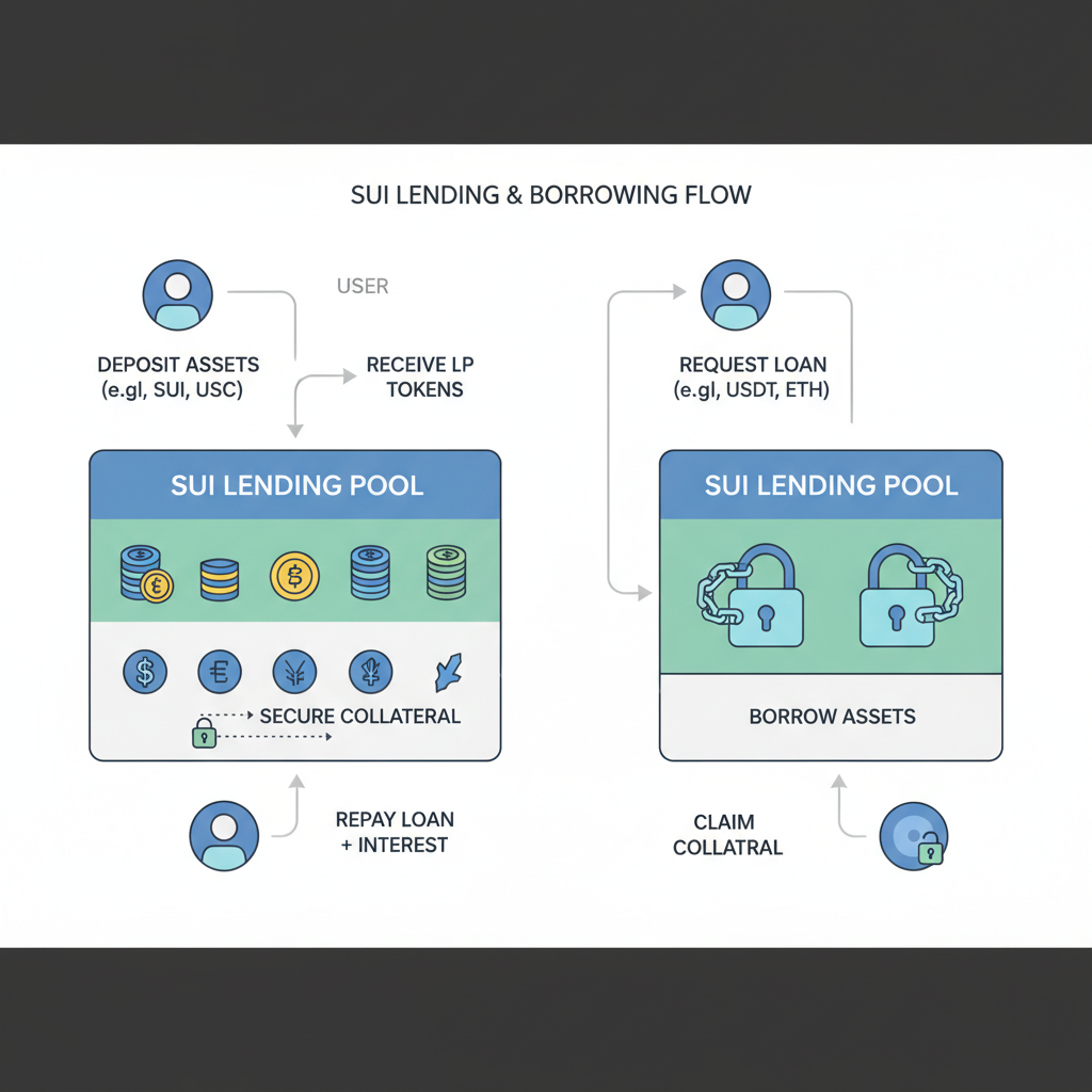 Sui lending borrow flow diagram, user borrowing assets from pool, secure locks
