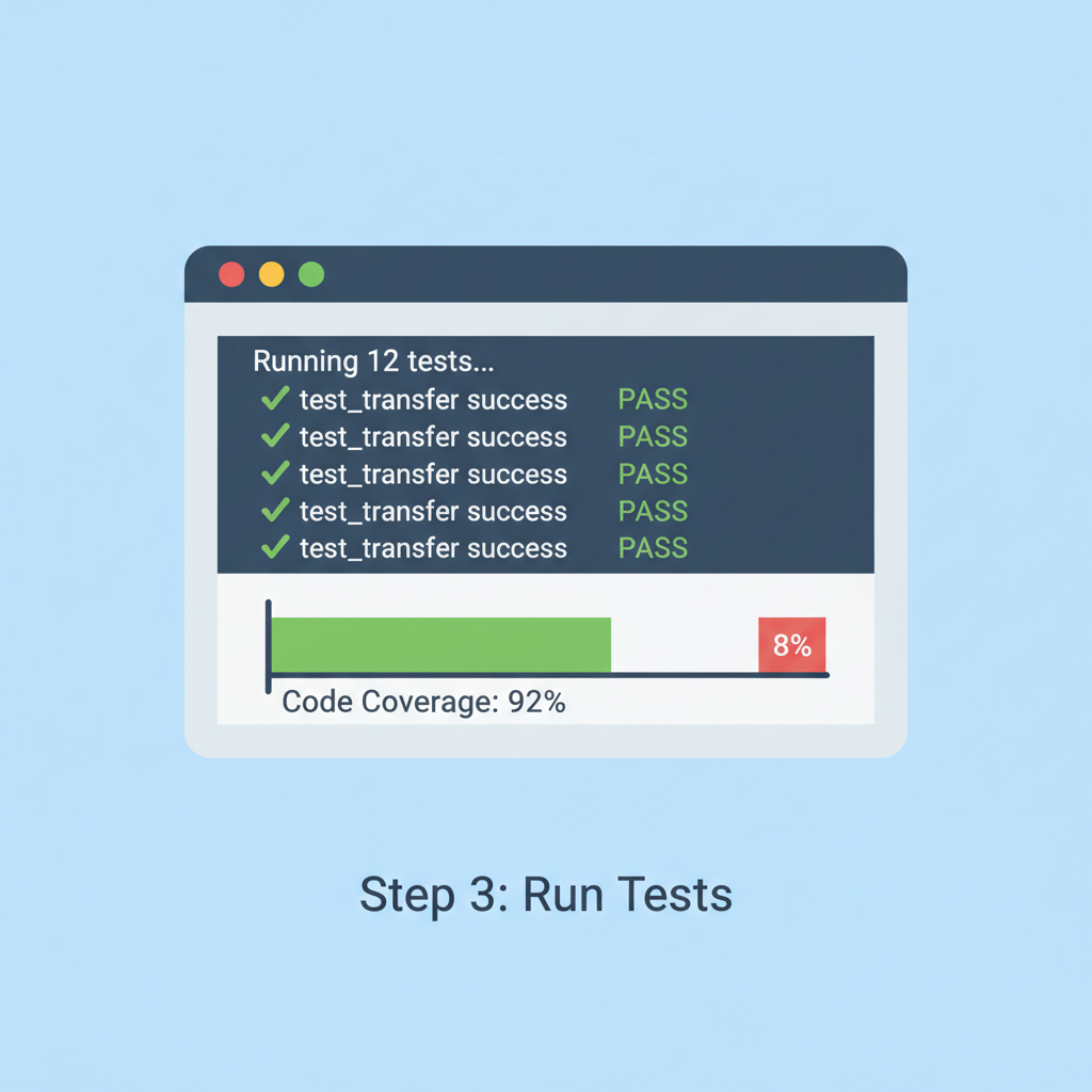 Sui Move unit test suite running, green pass checks, code coverage graph
