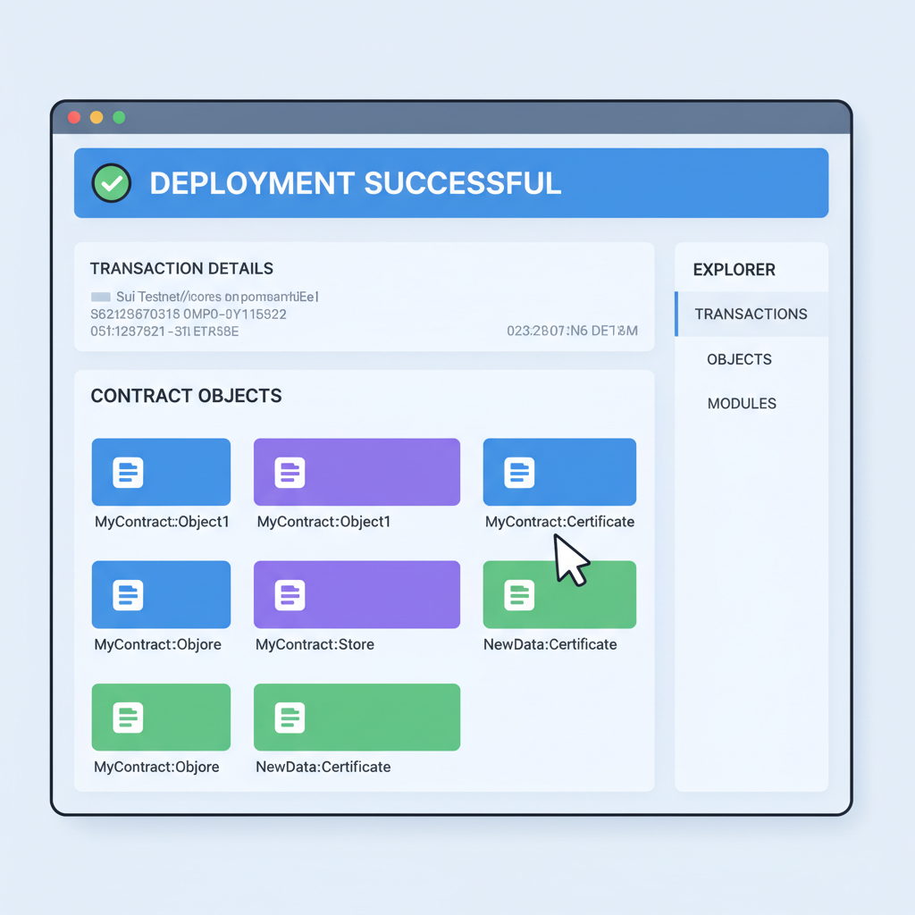 Sui testnet deployment success screen, blockchain explorer with contract objects