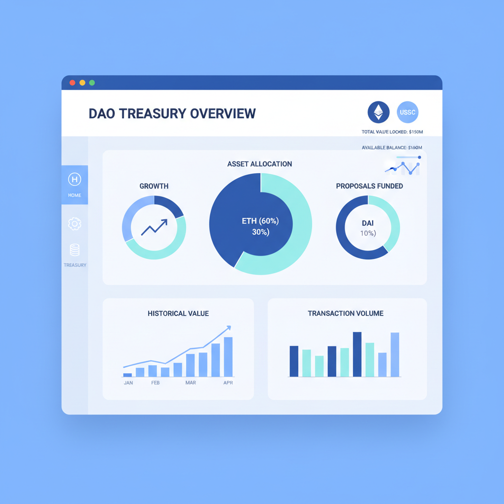 DAO treasury dashboard with crypto assets charts, ETH USDC icons, professional blue tones