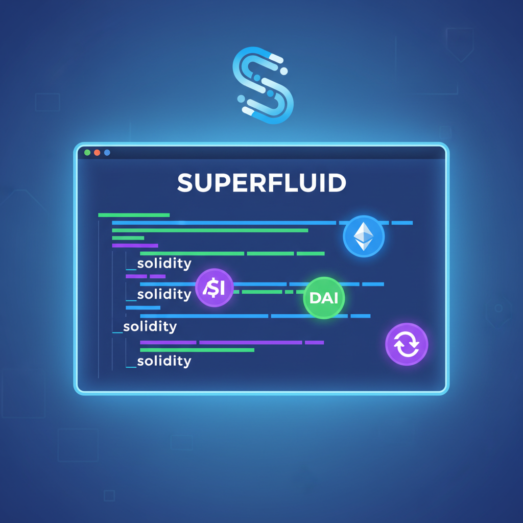 Smart contract deployment code screen, Superfluid logo, glowing token icons