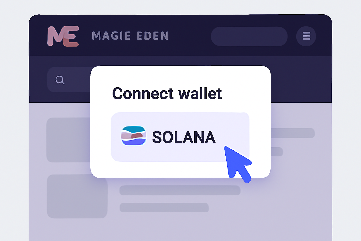 Solana wallet connecting to Magic Eden interface, clean UI screenshot style
