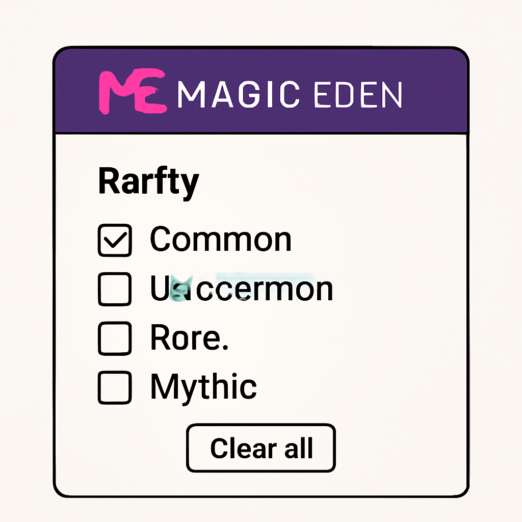 Magic Eden filter panel showing rarity tiers for NFT cards