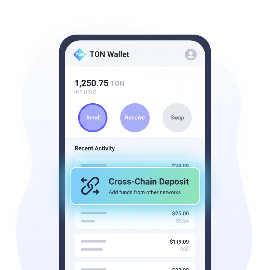 TON Wallet app screen highlighting cross-chain deposit button, modern UI