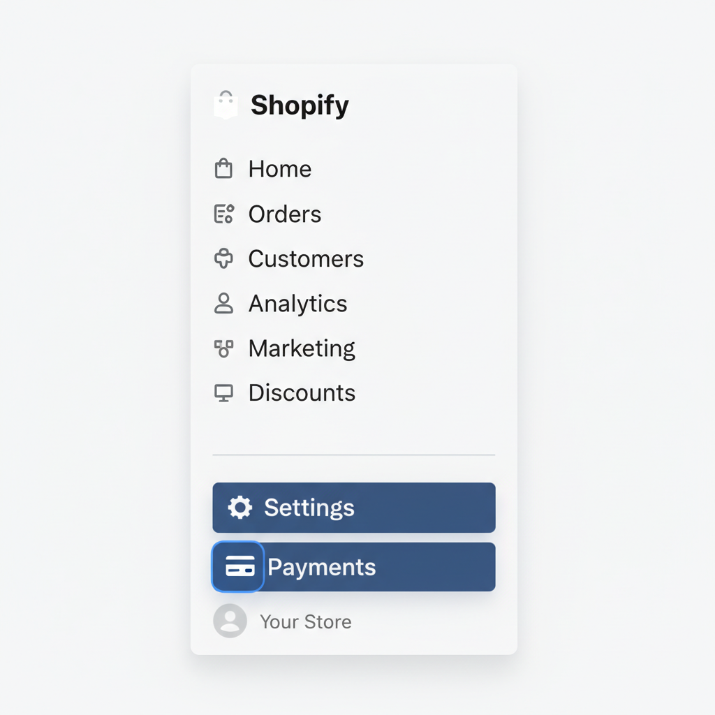 Clean Shopify admin dashboard sidebar highlighting Settings and Payments navigation