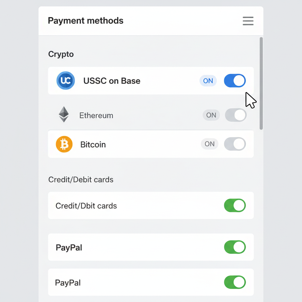 Shopify manage payment methods screen showing Crypto section with USDC on Base toggle activated
