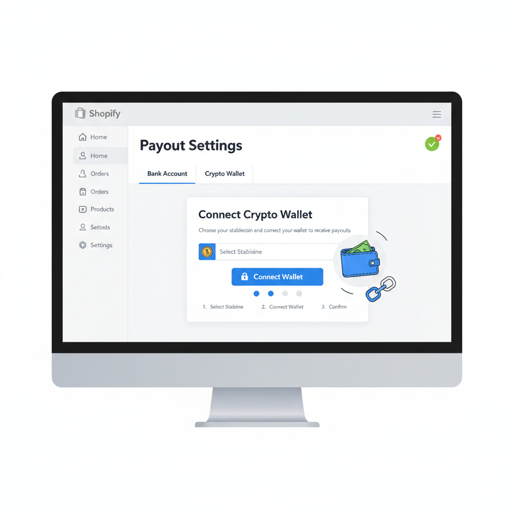 Shopify payout settings interface displaying crypto wallet connection prompt for USDC