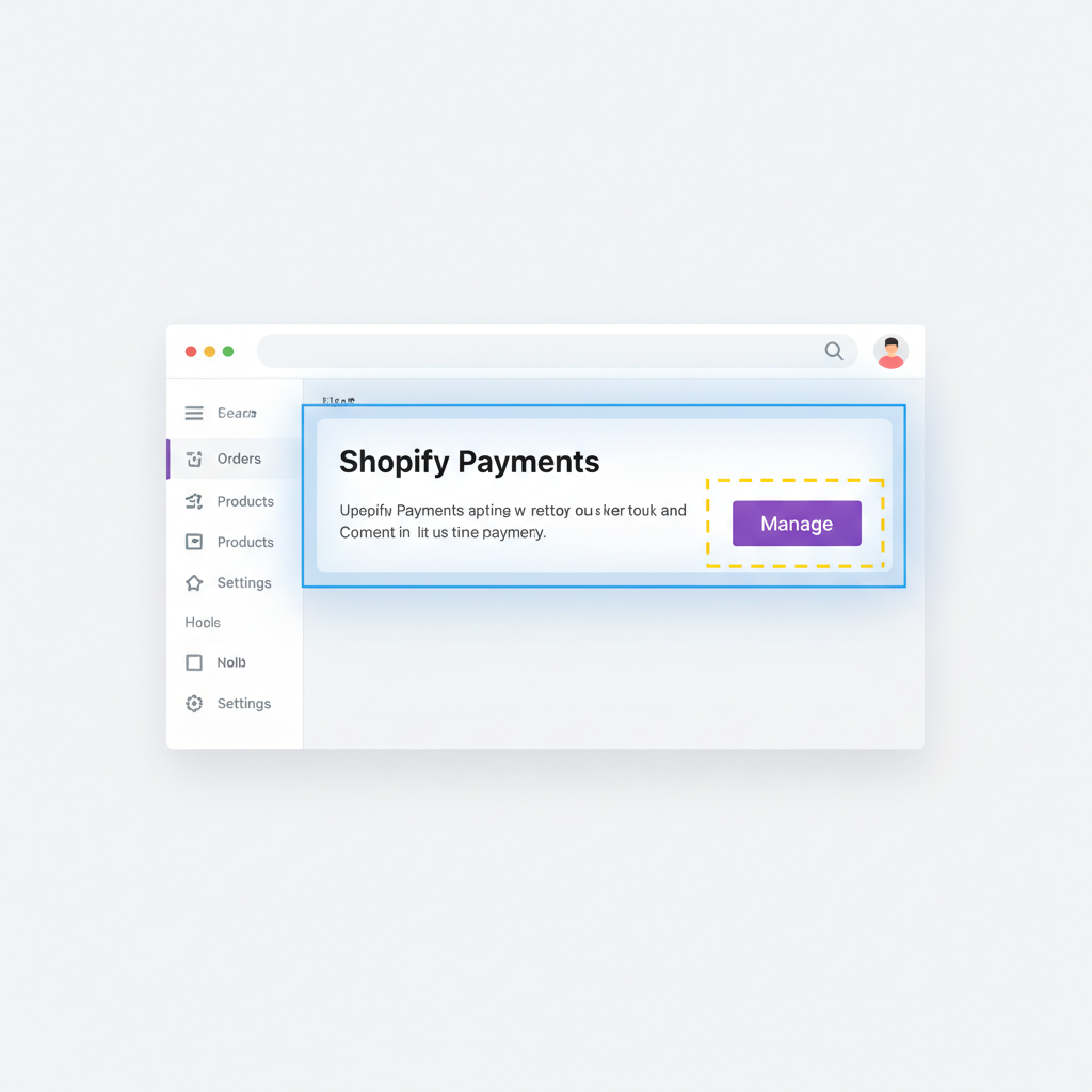 Shopify Payments page interface with Shopify Payments section and Manage button highlighted