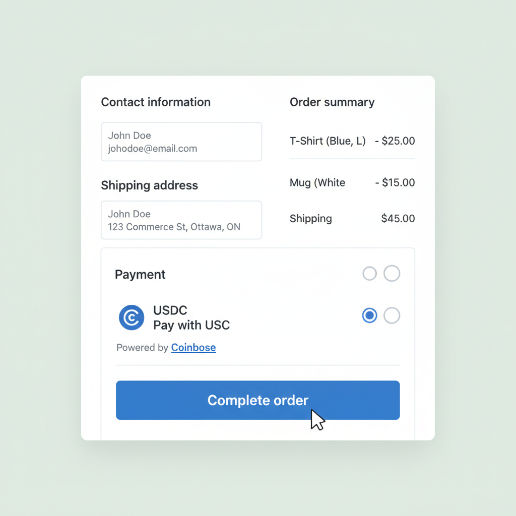 Shopify storefront checkout with USDC payment option selected during test transaction