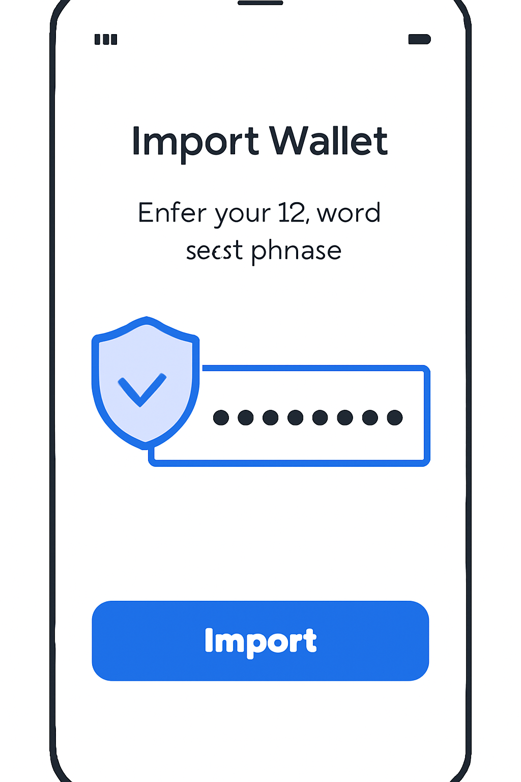 A mobile interface showing the import wallet screen, with a secure input field for the seed phrase and clear instructions.