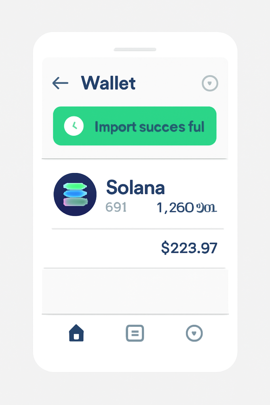 A digital wallet screen showing a Solana wallet with assets, and a notification confirming successful import. Display SOL price: $222.97.