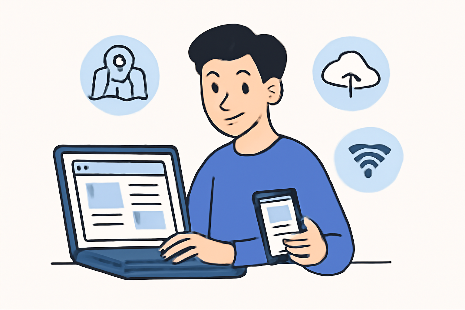 A friendly person browsing a simple website on a laptop and smartphone, with icons for maps, WiFi, and storage around them, in a modern, approachable style.