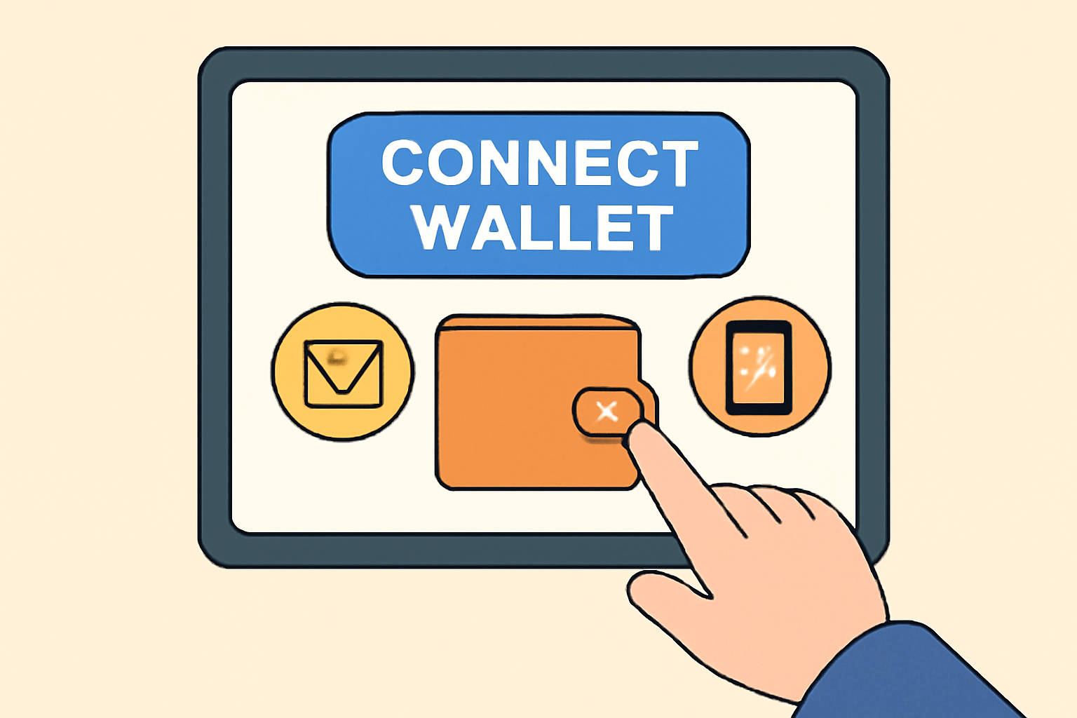 A person tapping a 'Connect Wallet' button on a tablet, with cheerful icons showing wallet and email/phone symbols, in a user-friendly interface.