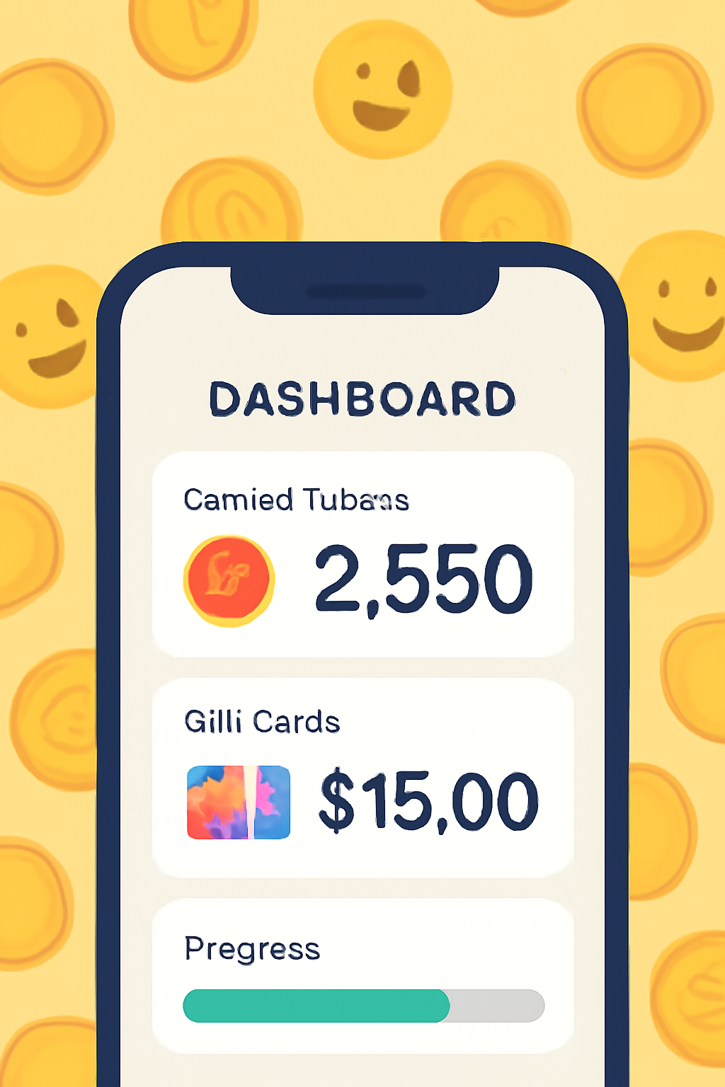 A dashboard on a mobile screen showing earned tokens, gift cards, and a progress bar, with a background of coins and happy emojis.