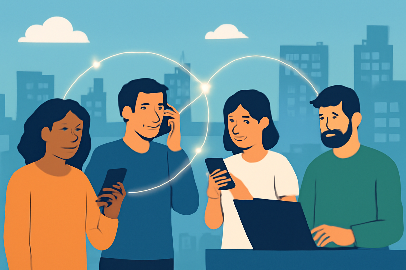 A group of diverse people using phones and laptops in a city, with glowing lines connecting them, symbolizing improved infrastructure and community impact.