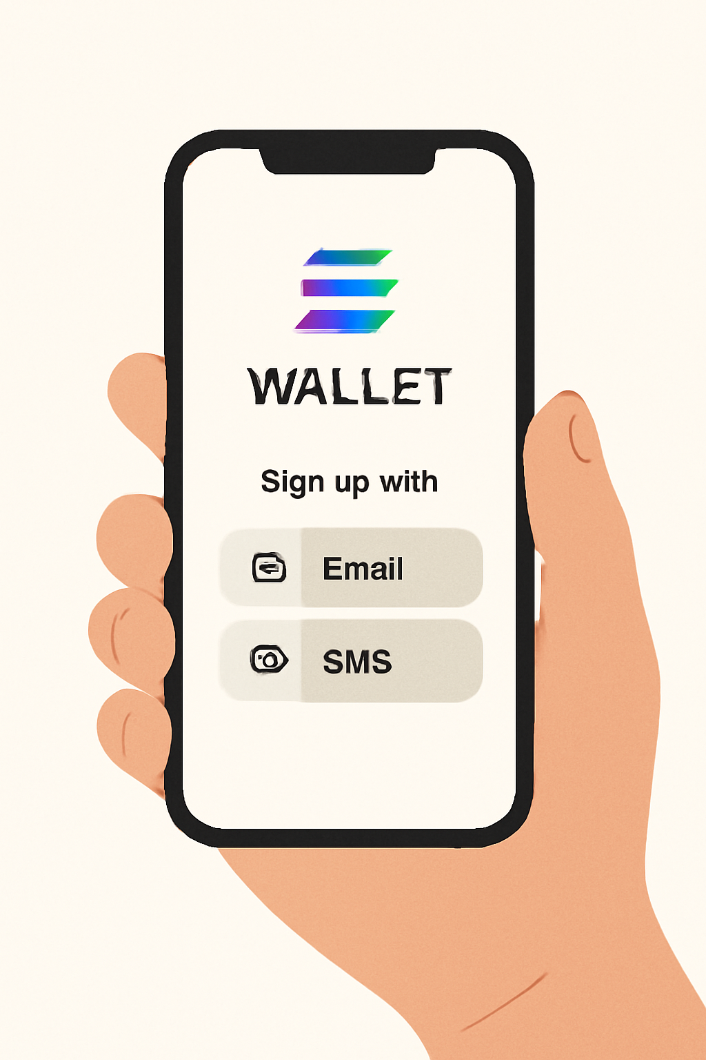 A hand holding a smartphone displaying a simple wallet app with Solana logo, showing easy email or SMS sign-up options, in a clean, welcoming design.