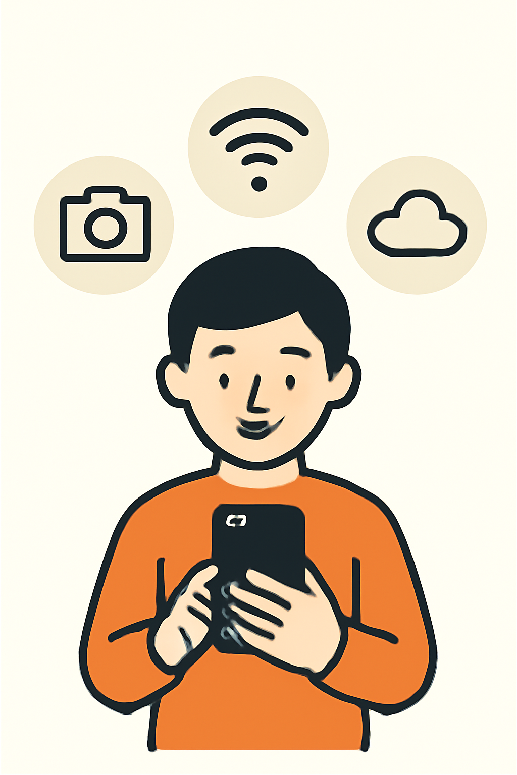A smiling user holding their smartphone, with icons showing camera, WiFi, and cloud, highlighting the use of everyday devices.