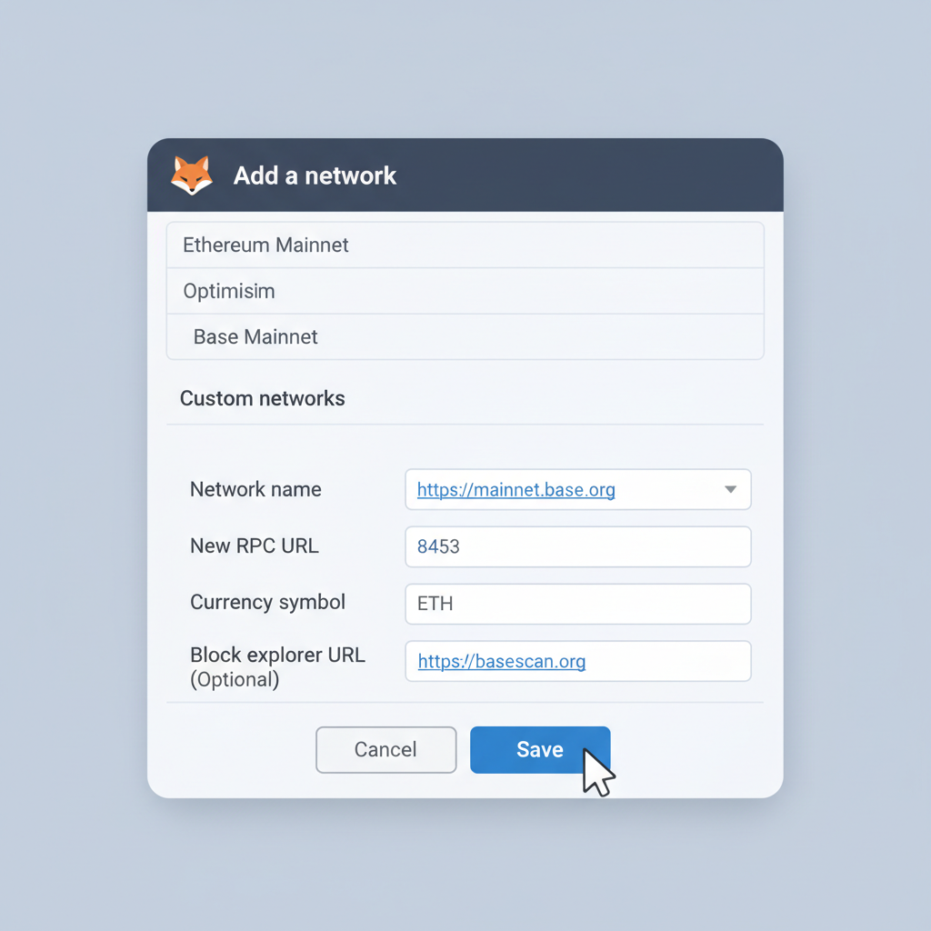 MetaMask add custom network screen with Base Mainnet details filled in