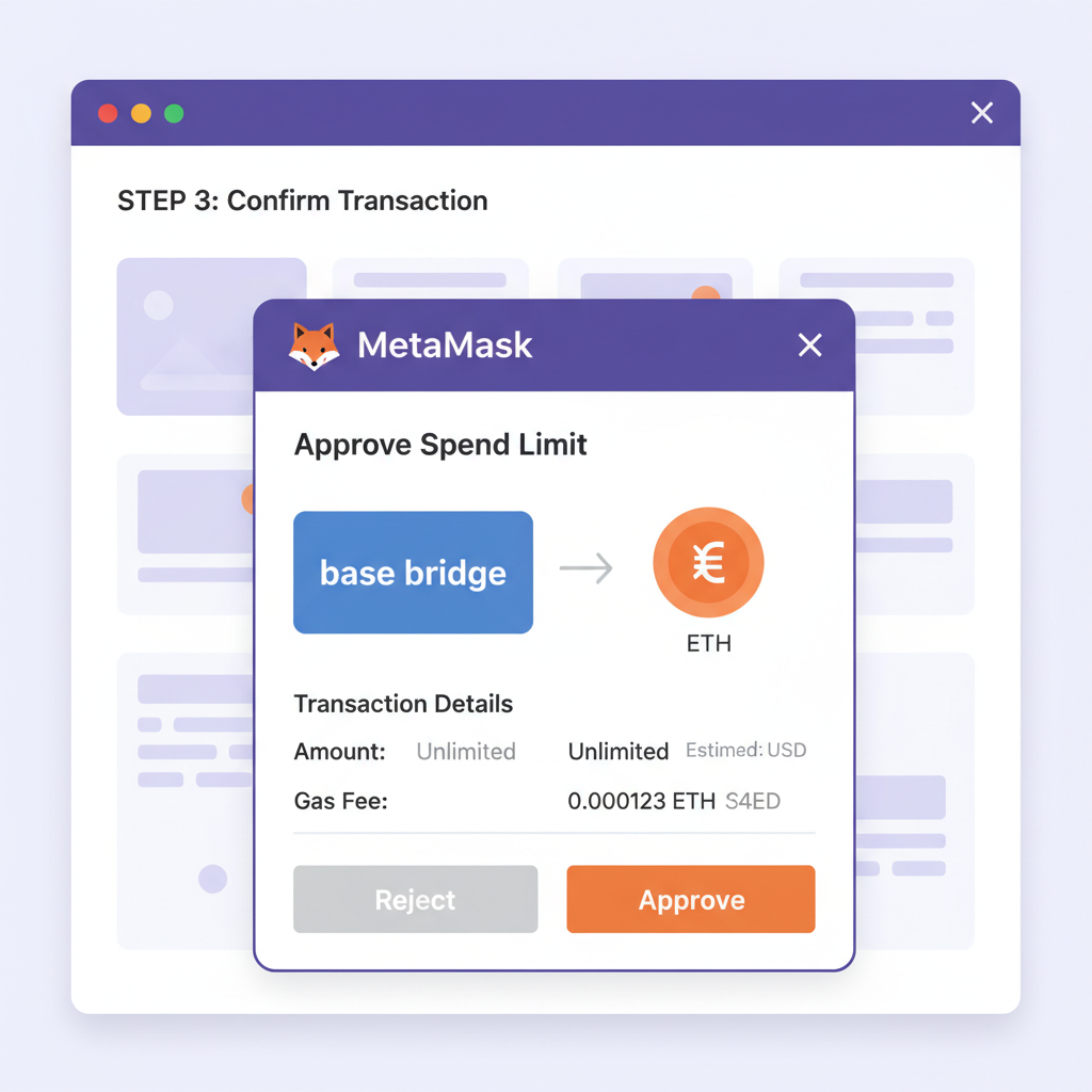metamask approval popup for base bridge spend eth, transaction details gas fee shown