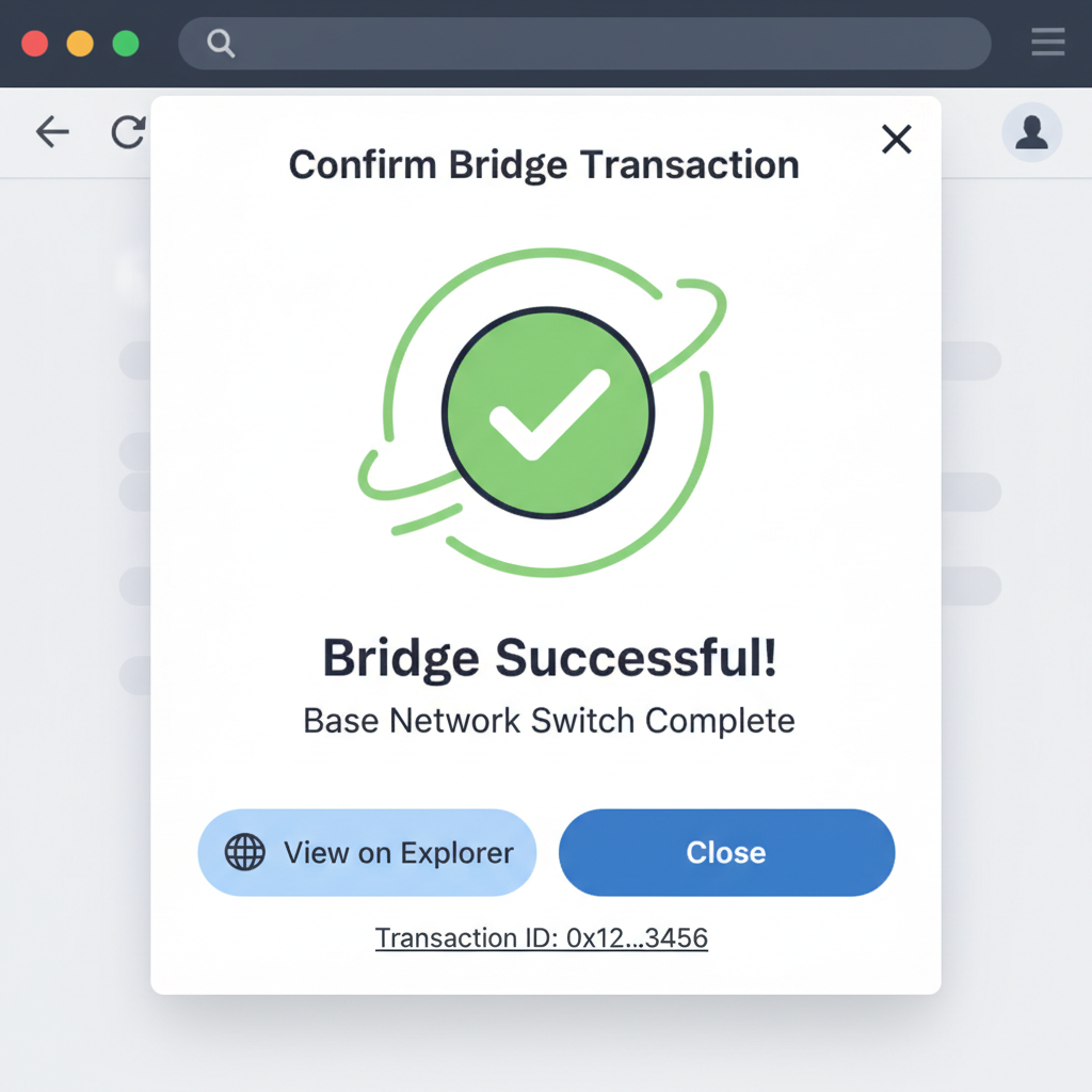 metamask confirm bridge tx popup, success animation base network switch, explorer link
