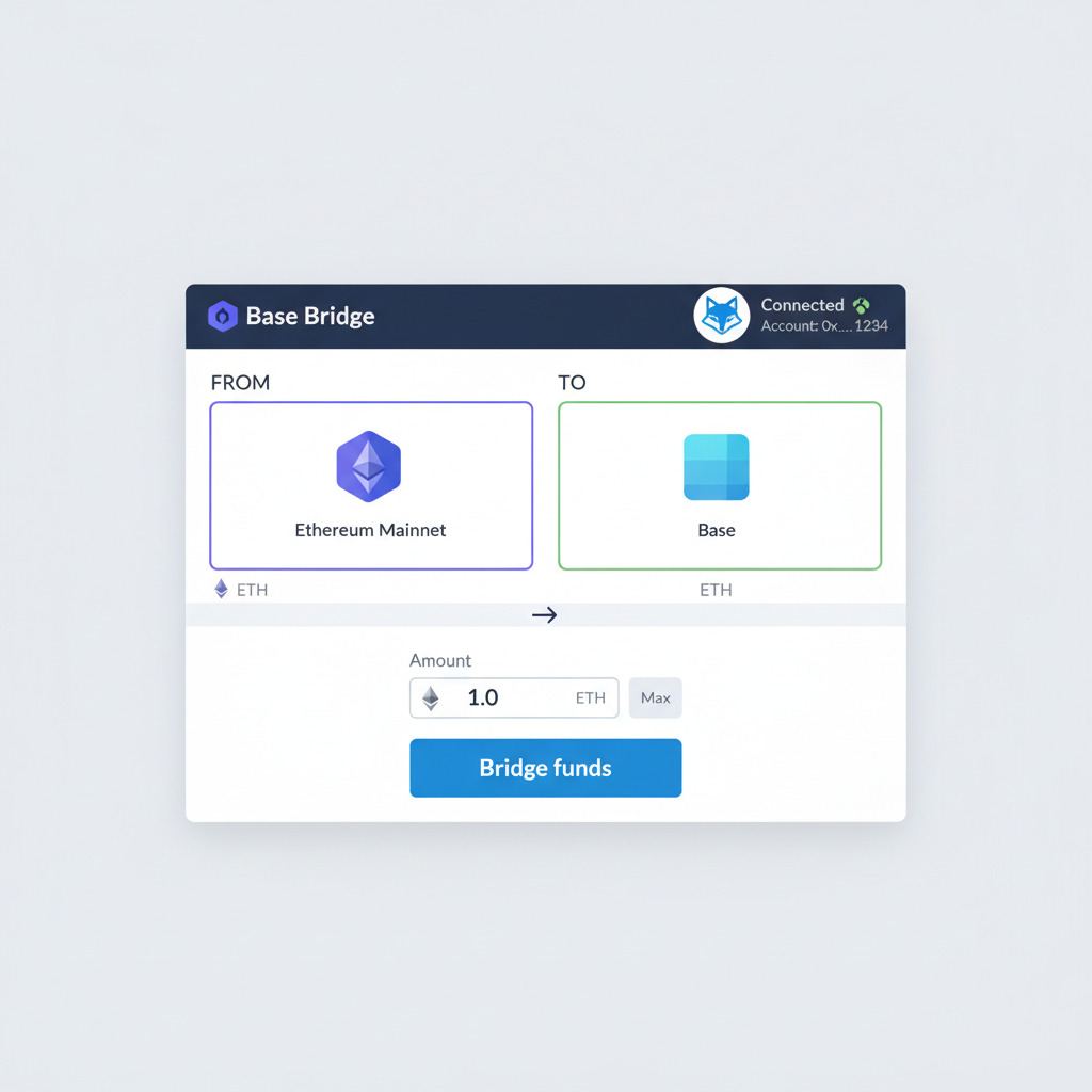 Base Bridge interface with MetaMask connected, Ethereum to Base selected, ETH asset chosen