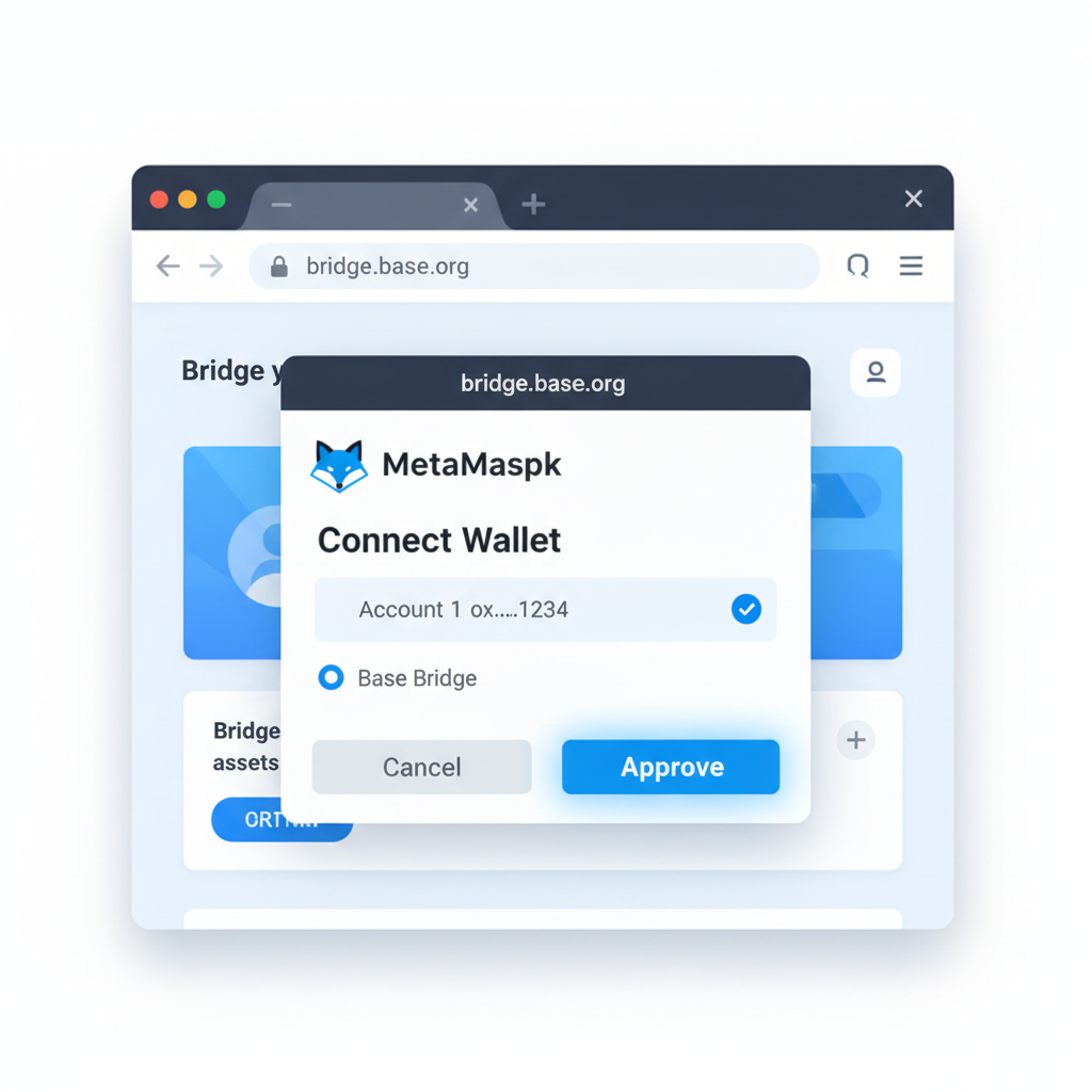metamask connect wallet popup on base bridge site, browser extension interface, approve button highlighted
