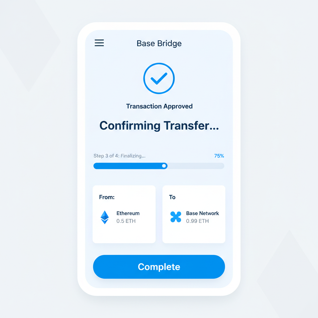 Base Bridge confirmation screen with transaction approval and progress bar