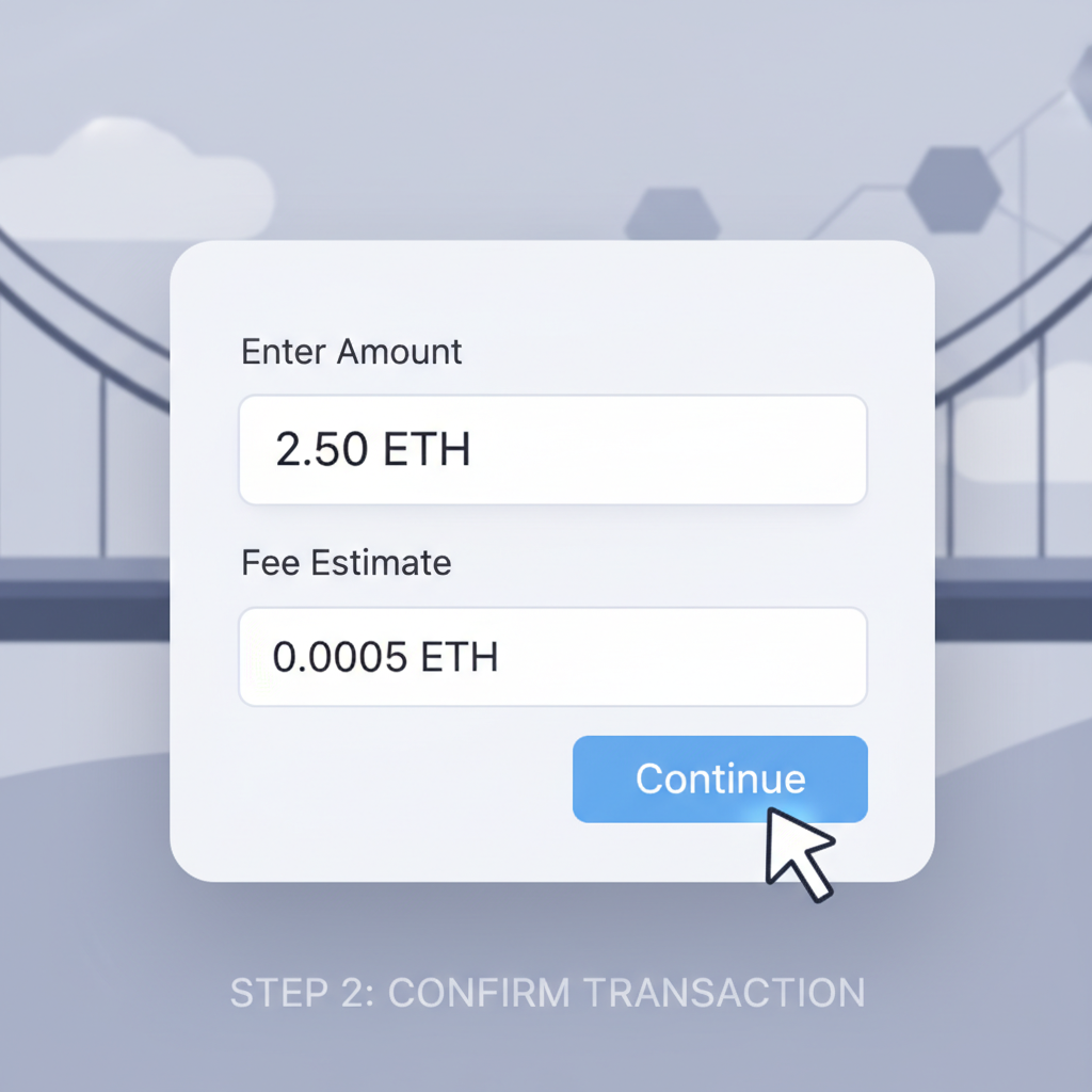 base bridge enter amount field filled with eth, fee estimate visible, professional ui closeup