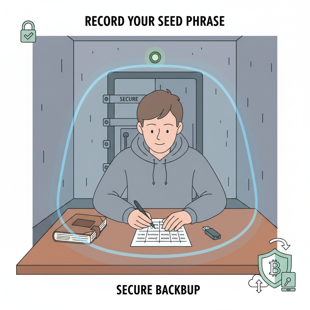 person securely writing down seed phrase on paper in safe environment, secure backup illustration