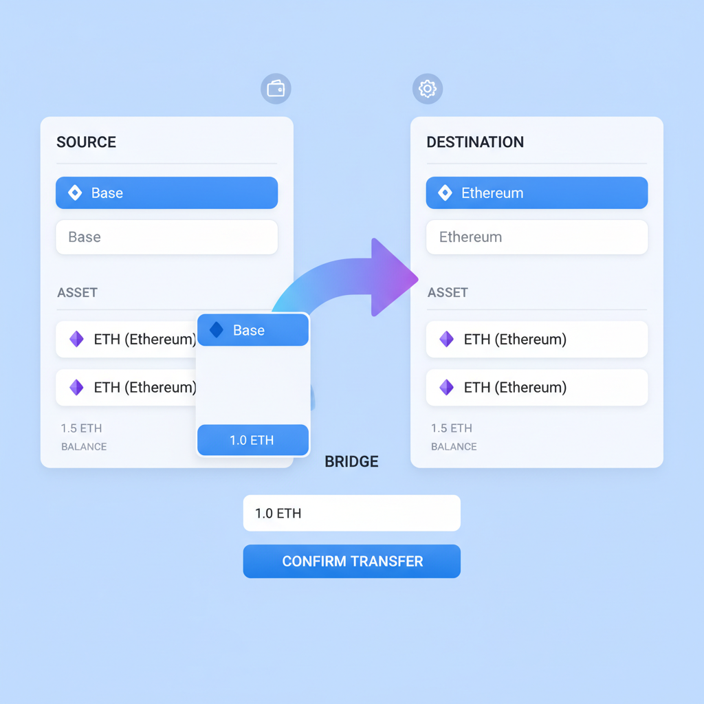 base bridge interface showing ethereum source base destination eth selected, network dropdowns and asset chooser