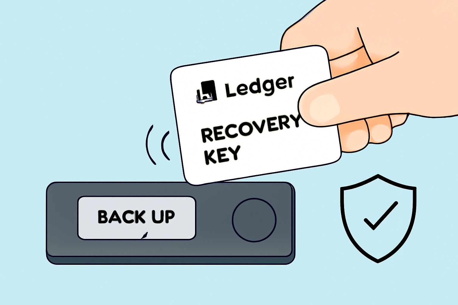 A Ledger device prompting for backup, with a Ledger Recovery Key card being tapped and a shield icon representing security.